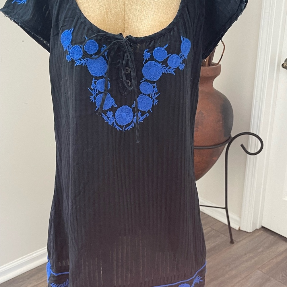Free People Black Blouse with Blue Embroidery